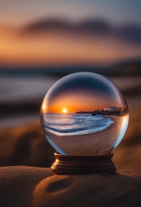 Mini(tpose), (8K, RAW photo, Best quality, Masterpiece:1.2), Colorful background, Clean background, Depth of field, City, Tall structures, Miniature, landscape, isometry,in Crystal ball, 16:9, beach, Waves