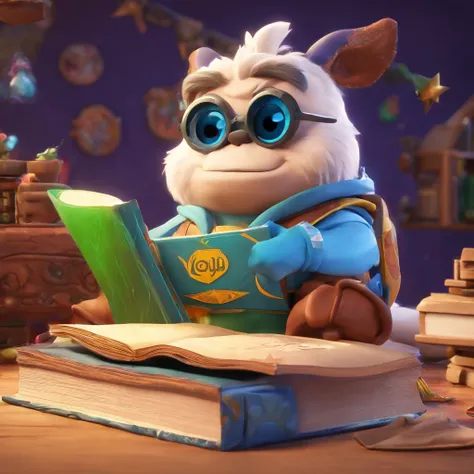 Create a Disney Pixar-inspired poster featuring the character named Mogul Master from Fortnite holding a magical book.