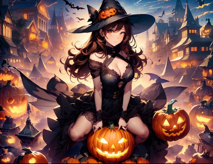 Best Quality, masutepiece, beautiful mature women、Beautiful face、Strong-minded woman、(Black long dress、Witch)、brown haired、(Brown-eyed)、Longhaire、Undersized eyes、(((Halloween)))、nighttime scene、(((Woman rides a pumpkin and flies in the sky、Overlooking the ...