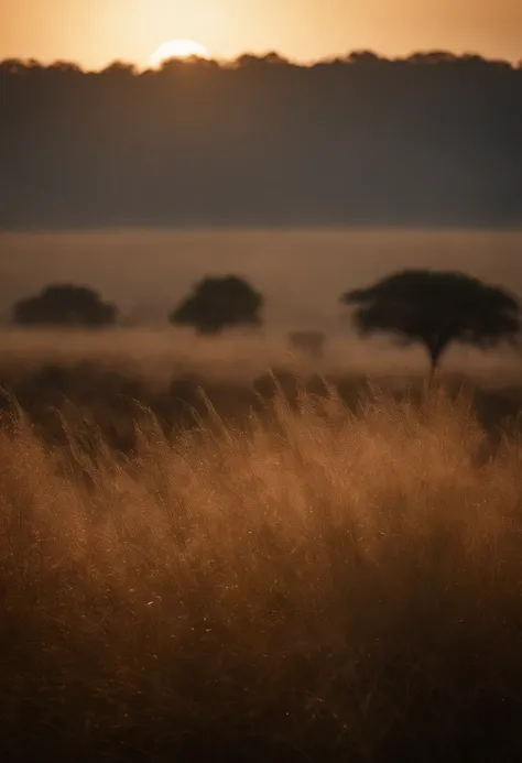 Imagine of the sun rising on the horizon, morning dew caressing the savannah grasses as a new day began on the lush of African wilderness, Cinematic, epic, Hyper-realistic image, fit screen,