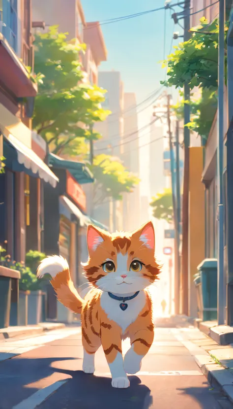 **[cutecore, Small core, The heart of nature] Cute kitten walking down the street, Looks fun, Pixar-style eyes