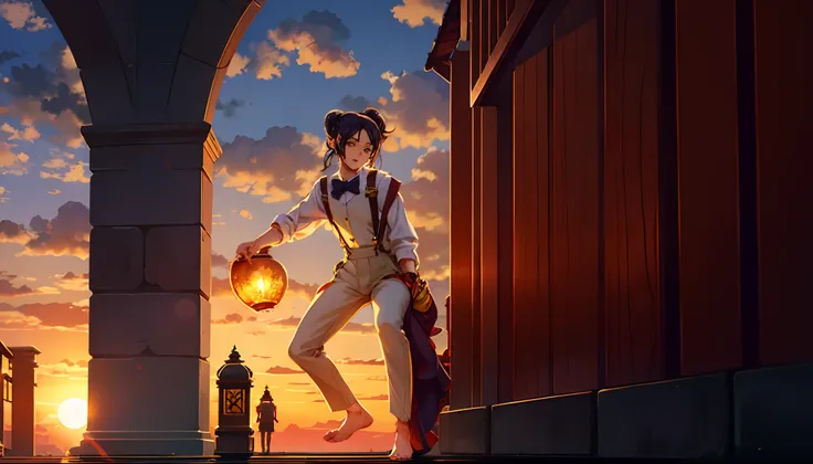 the sunset，eventide，middle parted hairstyle，Suspenders，litchi，Five fingers are normal and clear，Feet on the ground