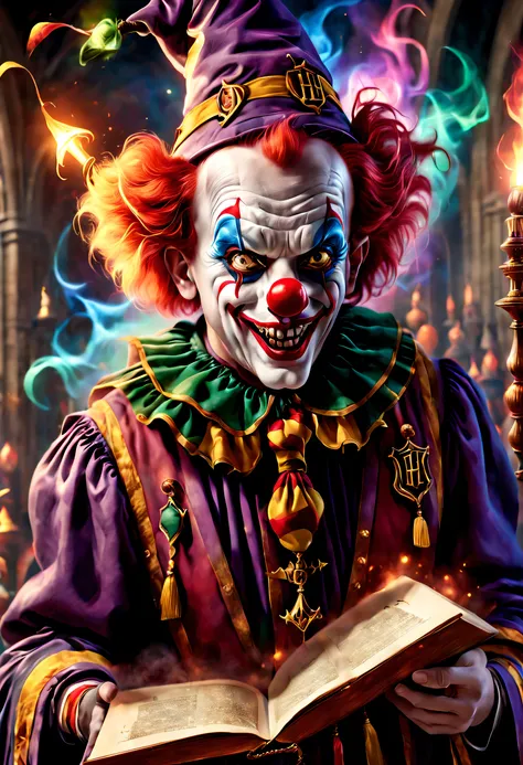 (Best quality, 8K, high resolution, Masterpiece: 1.2), Ultra detailed, (Realistic, Photorealistic, Photorealistic: 1.37), (A clown dressed in Hogwarts School of Witchcraft and Wizardry, The eyes are full of weirdness and evil，In a magical ritual: 1.42), Wi...