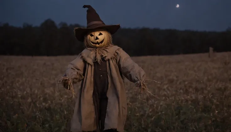 creepy scarecrow in a field at night, halloween night, full moon in the background, ultra detailed, masterpiece.