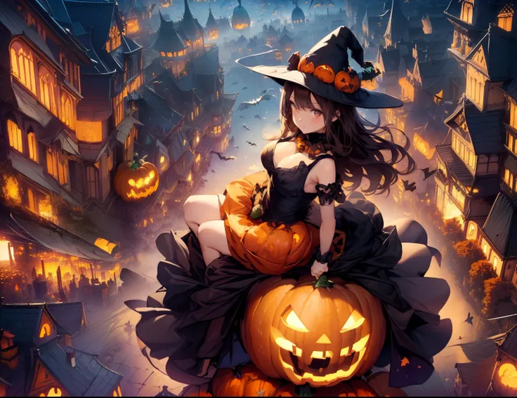 Best Quality, masutepiece, beautiful mature women、Beautiful face、Strong-minded woman、(Black long dress、Witch)、brown haired、(Brown-eyed)、Longhaire、Undersized eyes、(((Halloween)))、nighttime scene、(((Girl rides a pumpkin and flies in the sky、Overlooking the c...