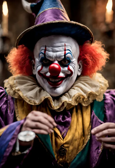 (Best quality, 8K, high resolution, Masterpiece: 1.2), Ultra detailed, (Realistic, Photorealistic, Photorealistic: 1.37), (A DC Universe clown dressed in Hogwarts School of Witchcraft and Wizardry, The eyes are full of weirdness and evil，In a magical ritua...