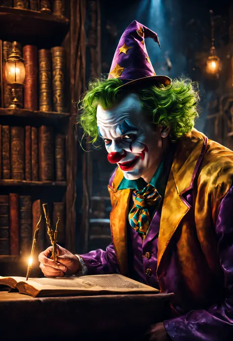 The clown of the DC Universe stands in the classroom, holding a wand, Cast complex and powerful spells. Bright flashes of light illuminate the surroundings. The clowns eyes are full of weirdness and evil，He waved his wand with precision. The air is filled ...