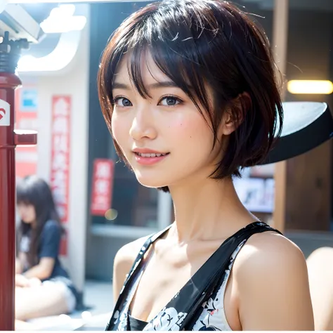 (top-quality、8K、32K、​masterpiece、nffsw:1.2)、Photo of a cute Japanese woman、very short bobbed hair、The upper part of the body、sface focus、Amusement Park Background、From  above、looking at the viewers、