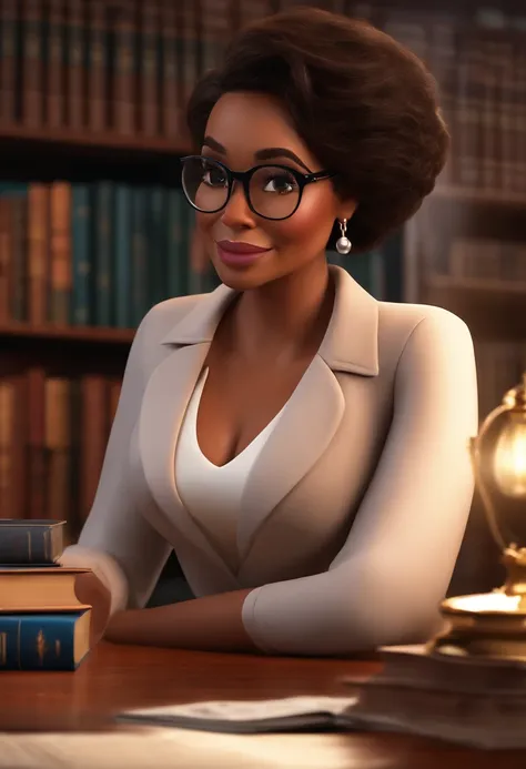 Pixar style image with 3D character, a light-skinned black woman with glasses and a dress outfit, she is a lawyer and is well dressed in the background, a law office with bookshelf and books with depth, bem bonito faca os ajustes que julgar necessario para...