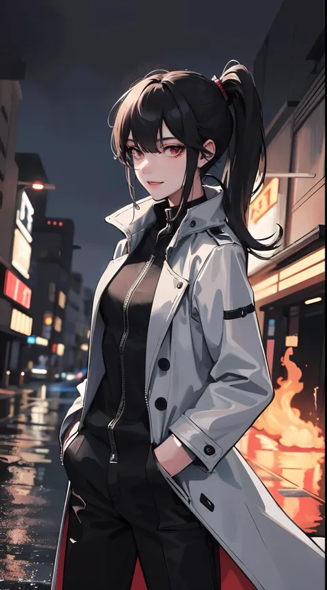 1Adult male,Masterpiece, A high resolution, Best quality, 1girl solo, ,pony tails, Smile, Sharp focus,Night City,rain,Coat,Hands in pockets,Half body，Fingers on fire，horror atmosphere