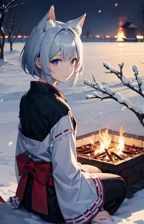 ​masterpiece,Top image quality,hight resolution,imagem 4k,Raw photo,Photorealsitic,{Solo},teens girl,silber hair,Bery short hair,stare at each other,Blue eyes,小柄,Silver fox ears,Fox tail,snowscape,,,boyish,Ainu pattern,,bonfire,,,