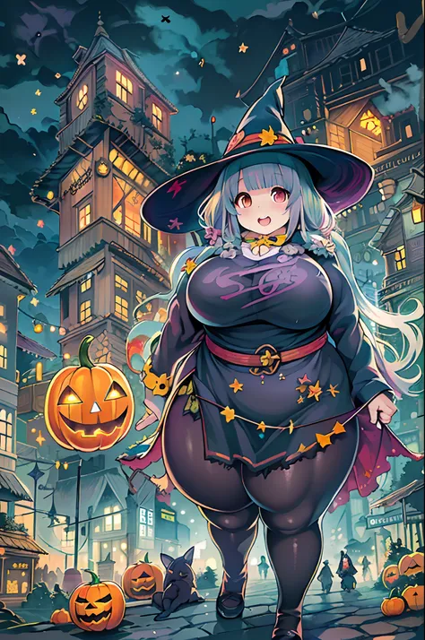 masutepiece,Charming Halloween Witches, Random coloring,2D, planar vector, T-shirt design, Colorful splashes, Fantasy Art, Watercolor effect,Digital Painting, white bg, 8K、night cityscape,bbw,Anime style、huge-breasted、(bbw:1.8)