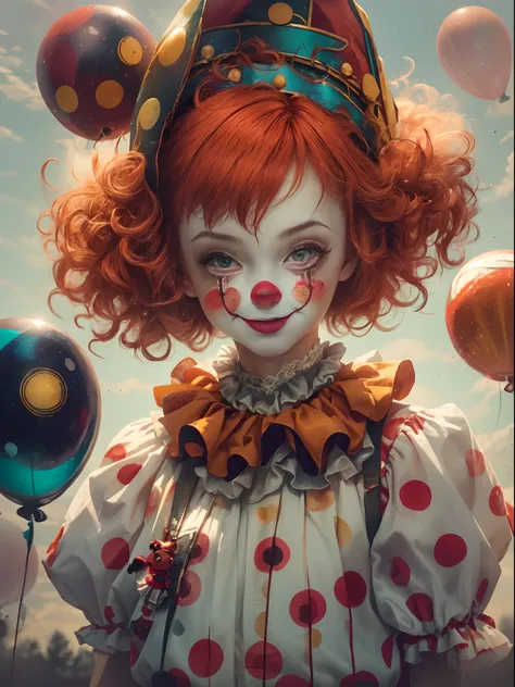 tmasterpiece, best qualityer, cinematic Film still from, 1girll, Cloud Girl, floating into the sky, Close-up, brightly, cheerfulness, Soft lighting and warmth, Sun sunset, (spark of light: 0,7)Cartoon close-up of redhead woman, creepy clown girl, Clown Gir...