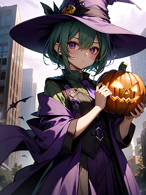 top-quality、extremely delicate and beautiful、(A teenage girl)、Purple Eye、Green hair、short-haired、(purple witch hat)、Purple tie、Tactical Vest、Soio、shortsleeves、Purple skirt、Purple Wizard Robe、Navel、is standing、Facing the front、Holding a pumpkin in one hand、...