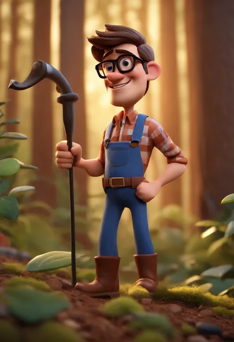 Cartoon character of a man with black glasses, blue jeans, brown boots, blue checkered shirt and holding an auger to sample soil in a forest, animation character, Stylized character, animation style rendering, 3D stylized, Arnold Maya render , 3d stylized ...