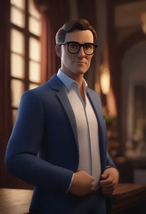 Cartoon character of a man with black glasses and a blue suit with white shirt, in the background two paintings of Van Goghs Starry Sky, animation character, Caractere estilizado, animation style rendering, 3D estilizado, Arnold Maya render, 3 d render sty...