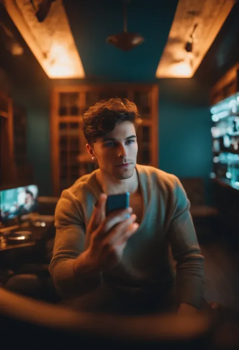 background change, natural man face, with short hair, taking a selfie, gaming stream room.