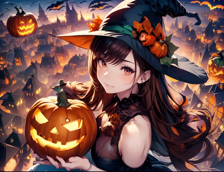 Best Quality, masutepiece, beautiful mature women、Beautiful face、Strong-minded woman、(Black long dress、Witch)、brown haired、(Brown-eyed)、Longhaire、Undersized eyes、(((Halloween)))、nighttime scene、(((Girl rides a pumpkin and flies in the sky、Overlooking the c...