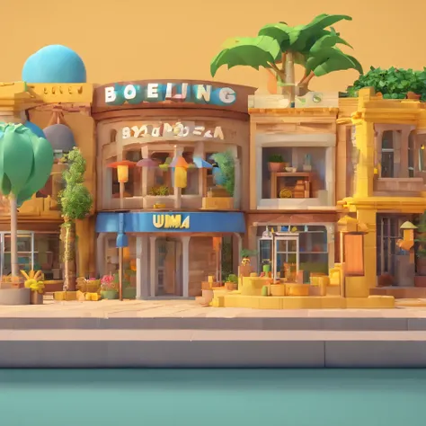 Create a Building Materials Store Cartoon Scene , piece of master, HD, 8k, com o logo redondo amarelo, escrito "SJ" em azul, uma loja grande, na praia, faxada amarela, building blocks, cimento, ferro, pessoas felizes