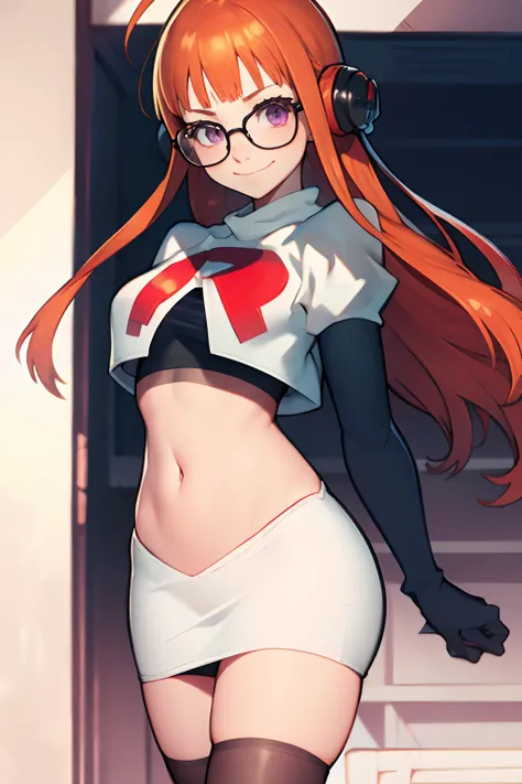 futaba sakura, orange hair, long hair, (purple eyes:1.1),glasses, ahoge,team rocket, team rocket uniform, red letter R, white skirt, white crop top, black thigh-highs, black elbow gloves looking at viewer, evil smile