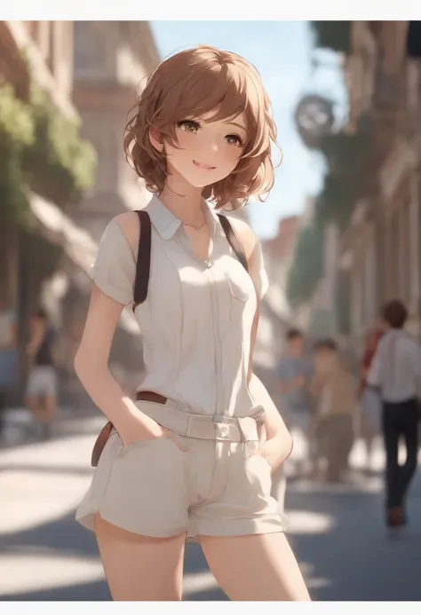 ((mid-chest, tomboy, small head)), daylight, sunlight, (well-defined abs: 1.1), (perfect body: 1.1), (short wavy hair: 1.2), russet hair, full-body photos, crowded streets, wearing white vests, ((shorts)), (extremely detailed CG 8k wallpaper), (extremely d...