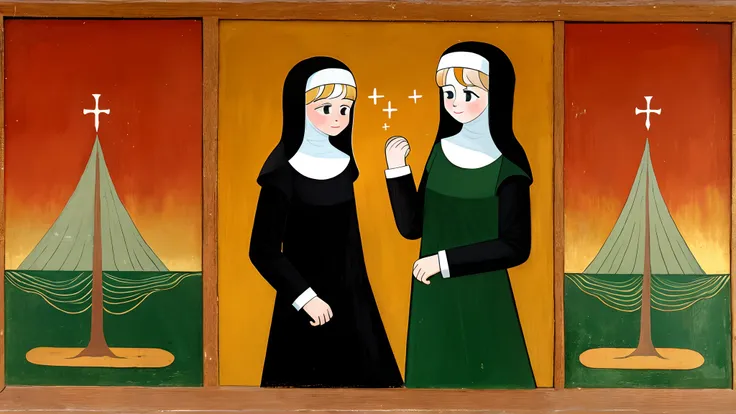 15th century Russian style painting of two nuns in conversation