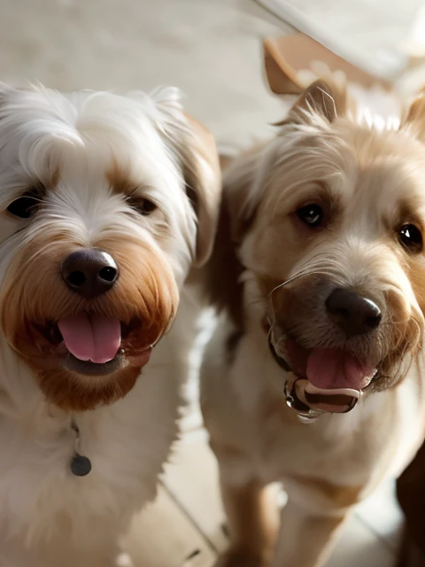 there are two dogs that are standing next to each other, both smiling for the camera, Two dogs, ambos rindo, Rostos bonitos, caras felizes, rostos sorridentes, sorrindo um para o outro, havanese dog, Gorgeous features, happily smiling at the camera, dogs, ...