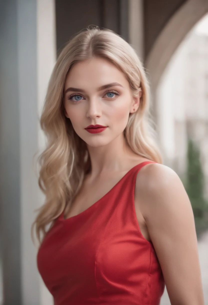 realistic white female instagram influencer, best quality, blonde, 1 girl, blue eyes, in red tight short dress