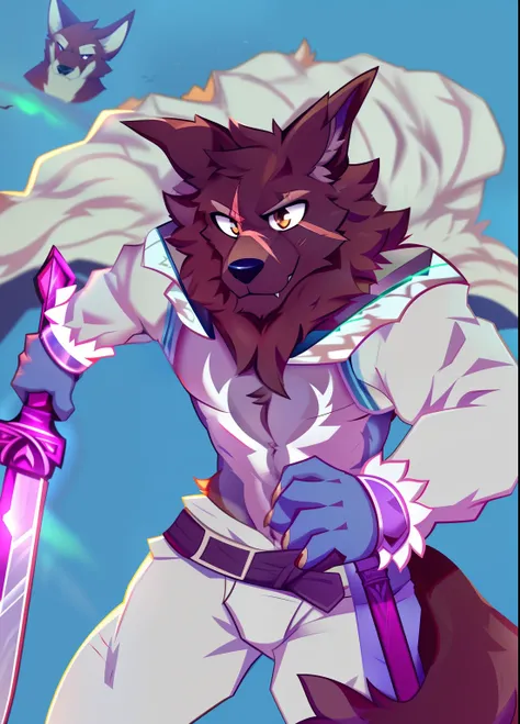 (best quality,4k,8k,highres,masterpiece:1.2), standing werewolf dramatic pose lyall character from lyre visual novel, front view, posted on e621 by decodecker, by jumpy jackal,by atmac, cute face, face focus, white armour, skyblue gloves, wearing a sword, ...