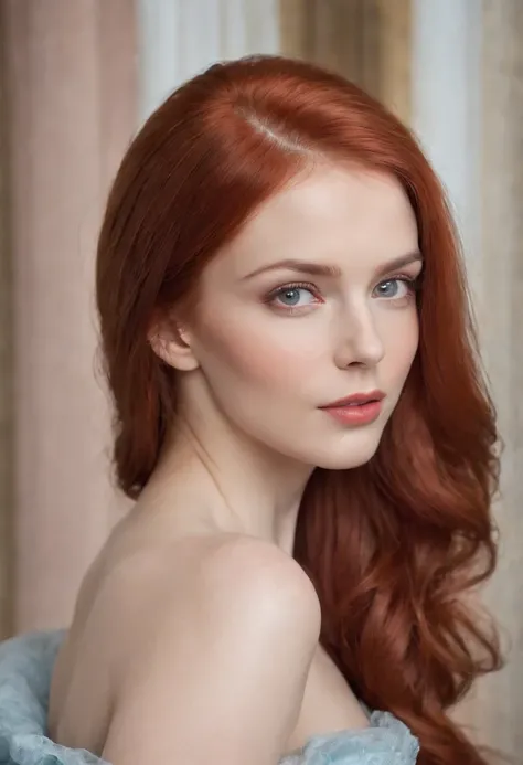 Generate an image of a Russian woman with distinctive features. She should have long, vibrant red hair that cascades down her back. Her skin should be pale, almost porcelain-like, contrasting beautifully with her fiery hair. Her eyes should be a striking s...