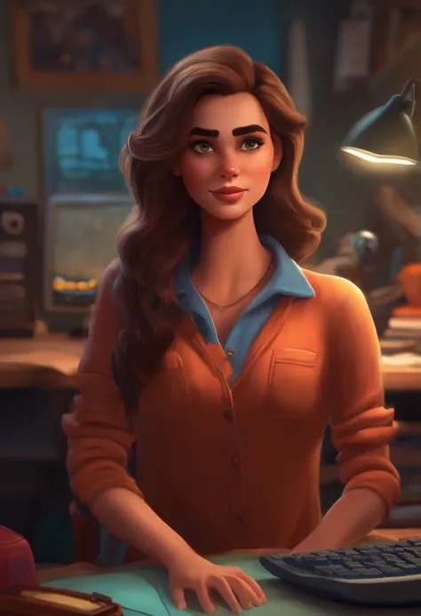 personagem dos desenhos animados de uma mulher jovem trabalhando sentada no seu computador, ela vira para tirar uma fotografia, estilo Pixar