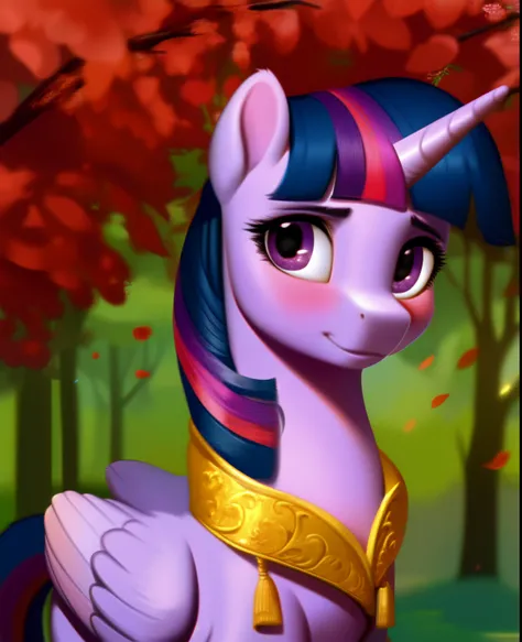 (score_9), (pony alicorn Twilight Sparkle in a forest surrounded by red flowers looks at you), sultry, teasing, blush, detailed hair and fur, realistic lighting, masterpiece, beautiful, high detail, cinematic render, brushstrokes, painting