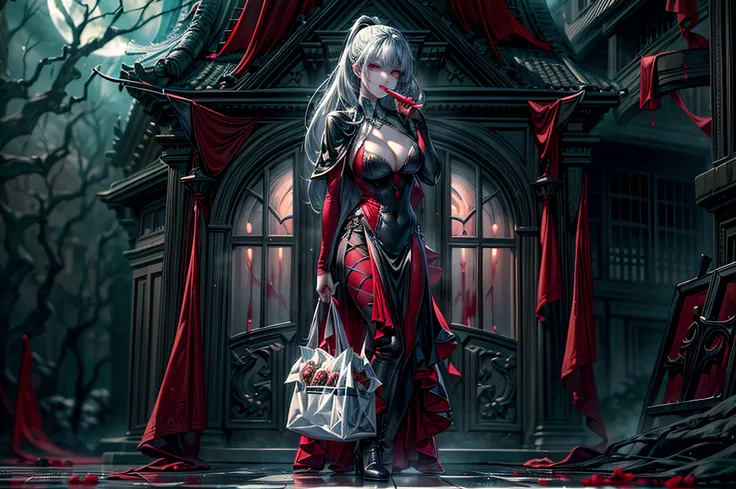 icture of vampire standing in the front of her home holding a (candy bag: 1.2), an exquisite beautiful female vampire in her front door of her home, full body (ultra detailed, Masterpiece, best quality), ultra detailed face (ultra detailed, Masterpiece, be...