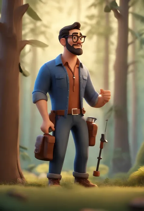 Cartoon character of an adult teacher in his 30s, medium height, fat, round face, brown eyes, with thin rectangular black glasses, ripped jeans, brown boots, blue plaid shirt, sparse beard, loose black hair and holding a drill to sample soil in a forest, a...