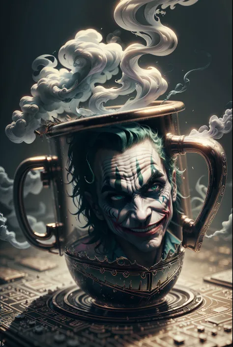 A Mug design with joker costume, surrounding magic smoke,ultra stable, front view,real mug, realistic,full view,