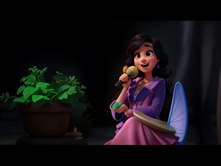 Uma mulher no estilo Disney pixar segurando um microfone cantando, alta qualidade, melhor qualidade