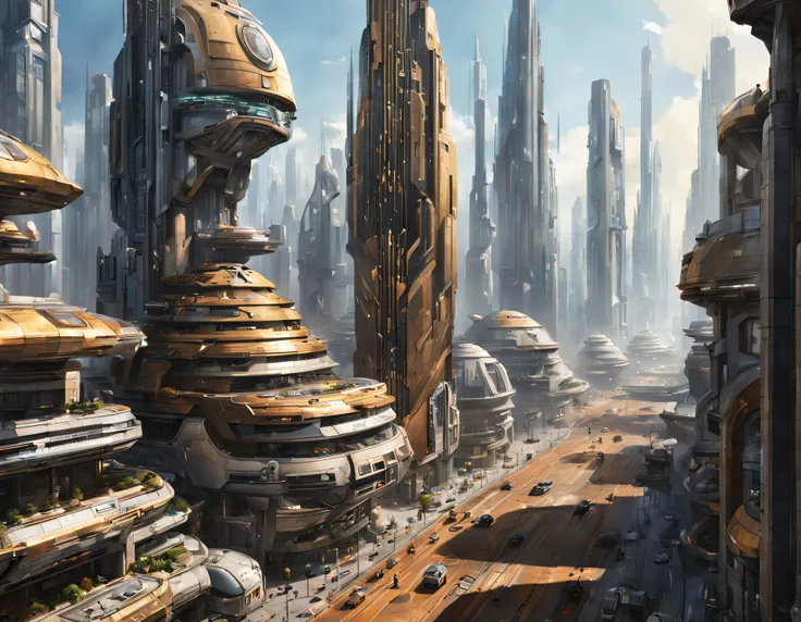 The city of Coruscant from Star Wars as designed by Doug Chiang, futuristic fantasy city with immense buildings of technological design (que forman una avenida infinita), edificios compactor no difuminados, con estructuras acristaladas en plata, oro y bron...