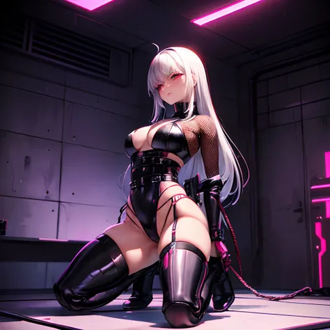 Cyberpunk,A Japanese style, Realistic, prison, (Futuristic, severe), one girls (Futuristic, Full body restraint with a rope (Upper and lower chest, thighs thighs thighs thighs, Neck), Tie your arms, especially on the back of your back,Cuffed,SPY, Kneel,Abo...