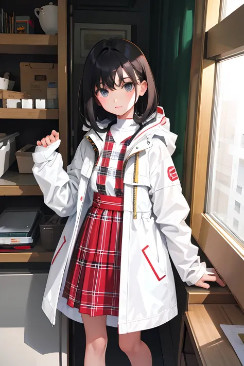 child，（​masterpiece，Highest Quality），white parka，plaid skirts，A dark-haired