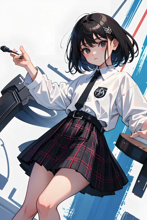 child，（​masterpiece，Highest Quality），black parker，plaid skirts，A dark-haired