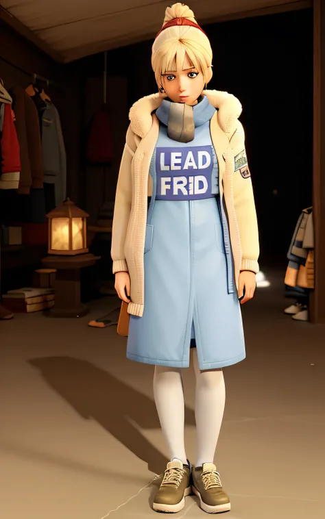 A woman in cold clothes and with a sign around her neck that reads LEAD FRIO. The woman must have horror movie traits. The setting should be from a horror movie as well. Alta qualidade, melhor qualidade.