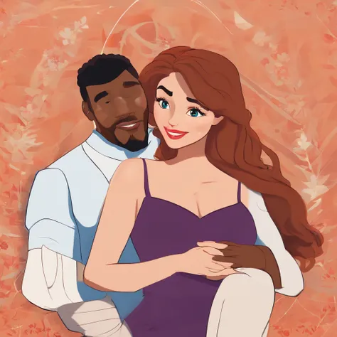 An illustration of an adorable couple, Highlight for a brown-skinned man and a white woman with beautiful expressive eyes - the mans skin is mulatto and the mans hair is straight dark brown combed to the side, ele possui barba, while the womans skin is whi...