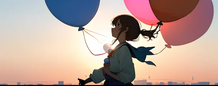 Bright girl grabbing a balloon and floating、profile