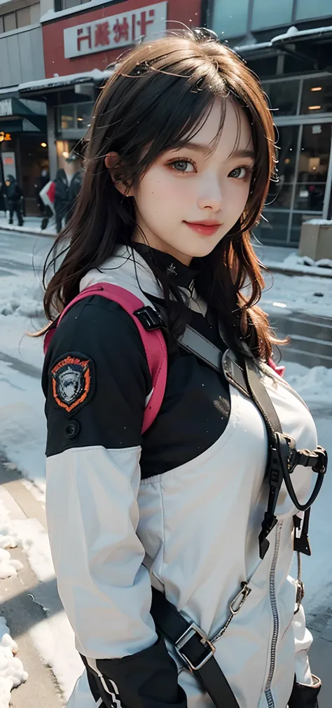 (Highest image quality, outstanding details, ultra-high resolution), 1 girl, wearing futuristic military outfit((inspired by snow boarding wears, military harness, military gears such as pouches)), (glamour body:1.2, buffed and muscular body), (a bit chubb...