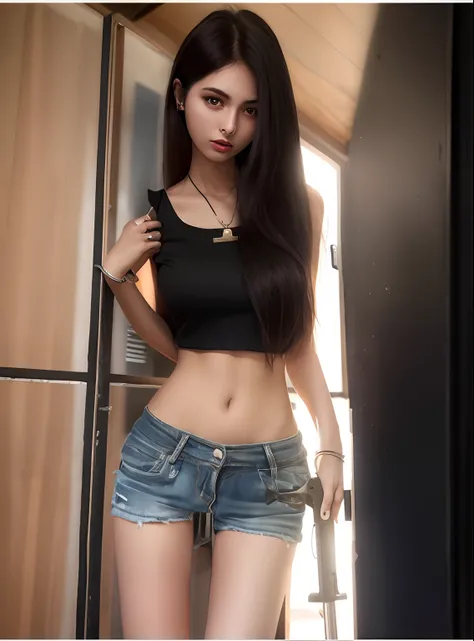 Allard woman holding a gun in black blouse and denim shorts, photo of slim girl, 2 4 year old female model, 1 8 I, 2 2 years old, 18 years old, sexy body and sexy abdomen, waist - shot, 21 years old, 2 7 years old, 2 3 years old, half body crop, hot petite