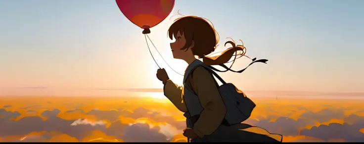 Bright girl grabbing a balloon and floating、profile