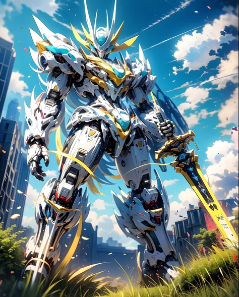 arafed robot standing in front of a huge structure with a sword, alexandre ferra white mecha, modern mecha anime, cool mecha style, an anime large mecha robot, white mecha, 4k highly detailed digital art, mecha art, concept art wallpaper 4k, anime mecha ae...