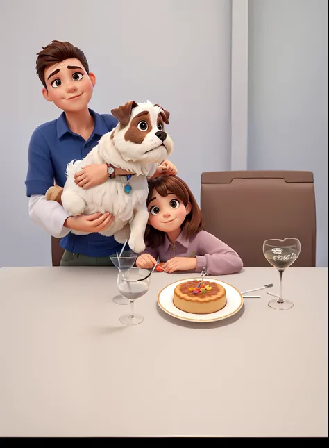 There are two children and a dog sitting at a table, celebrating a birthday, Directed by: Emma Andijewska, imagem de qualidade muito baixa, with dogs, Tomado com Sony Alpha 9, Directed by: Arabella Rankin, mid portrait, Shih Tzu, Directed by: Aleksander Ko...