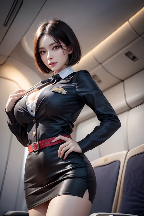 (1 Ultimate Beautiful Mature Woman), hyperdetailed face, Detailed lips, Detailed eyes, 二重まぶた, Black bob hair, (Stewardess uniform:1.2), (large full breasts), (thin-waist), (ssmile), thighs thighs thighs thighs, (Standing), Perfect fit, Perfect image realis...