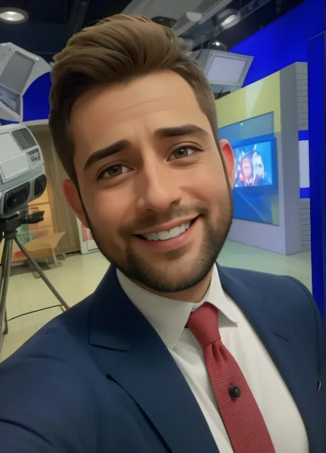 Um homem de 34 anos, com cabelos loiros, barba curta loira, pele clara, Rosto redondo, rosto redondo com sorriso encantador, e olhos castanhos claros, in a television studio, Background with cameras.